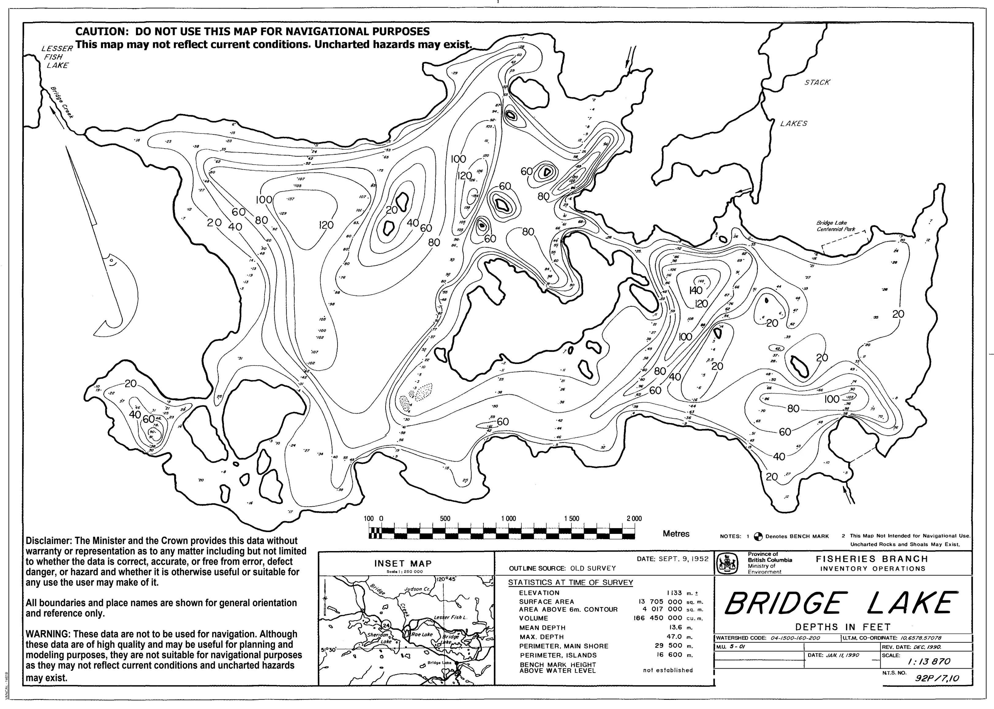 Bridge Lake depth and topographic map