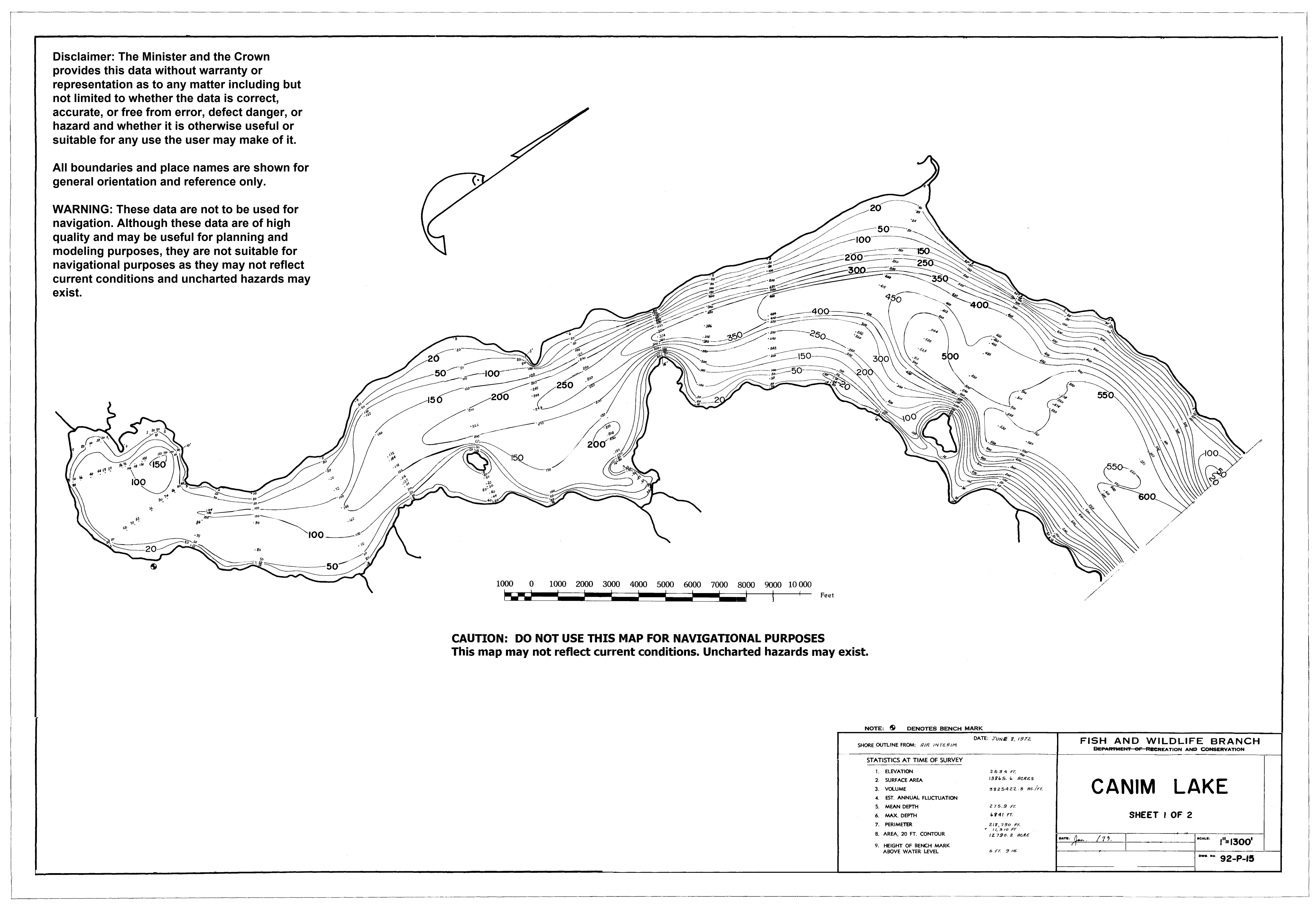 Canim Lake depth and topographic map