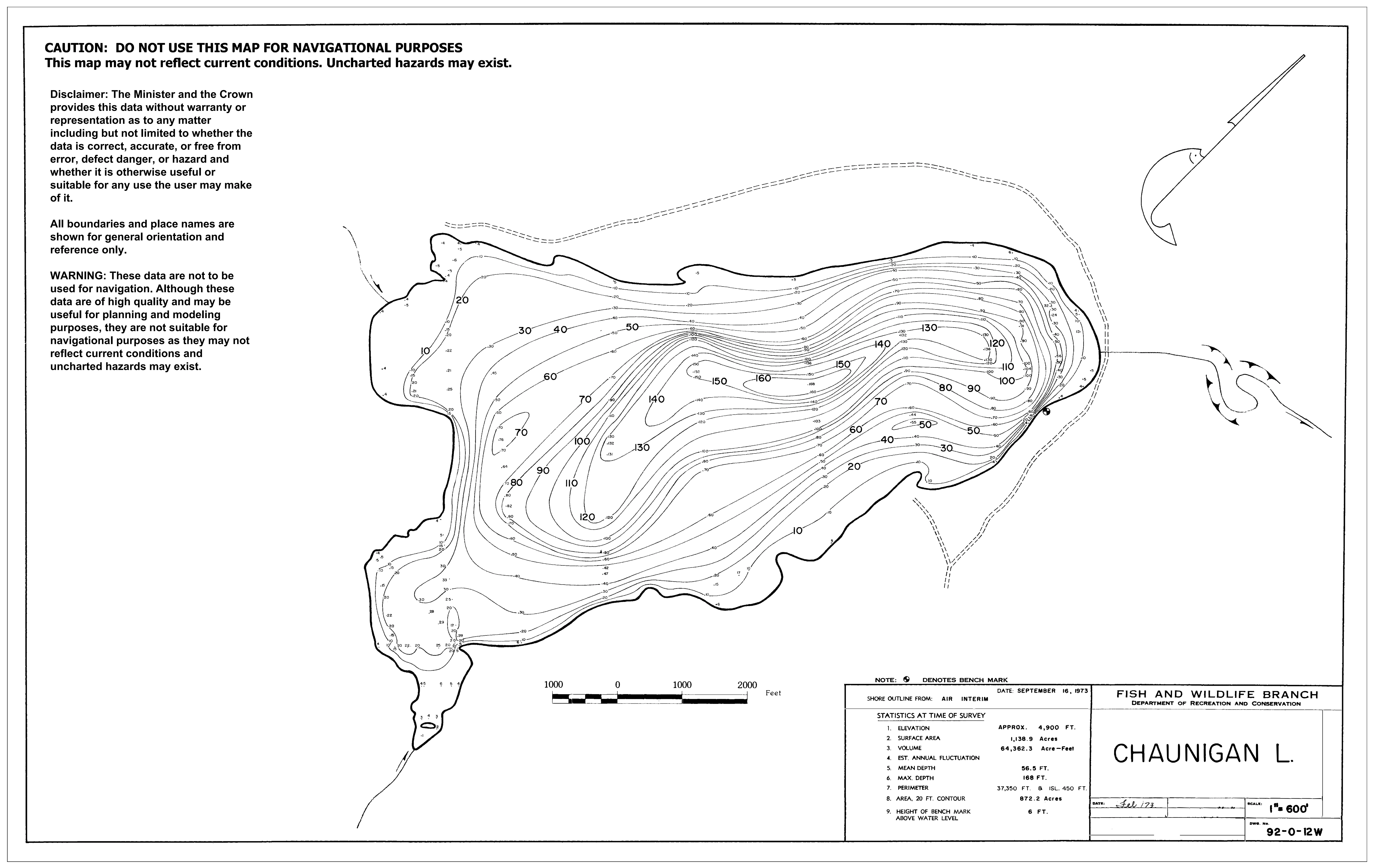 Chaunigan Lake depth and topographic map