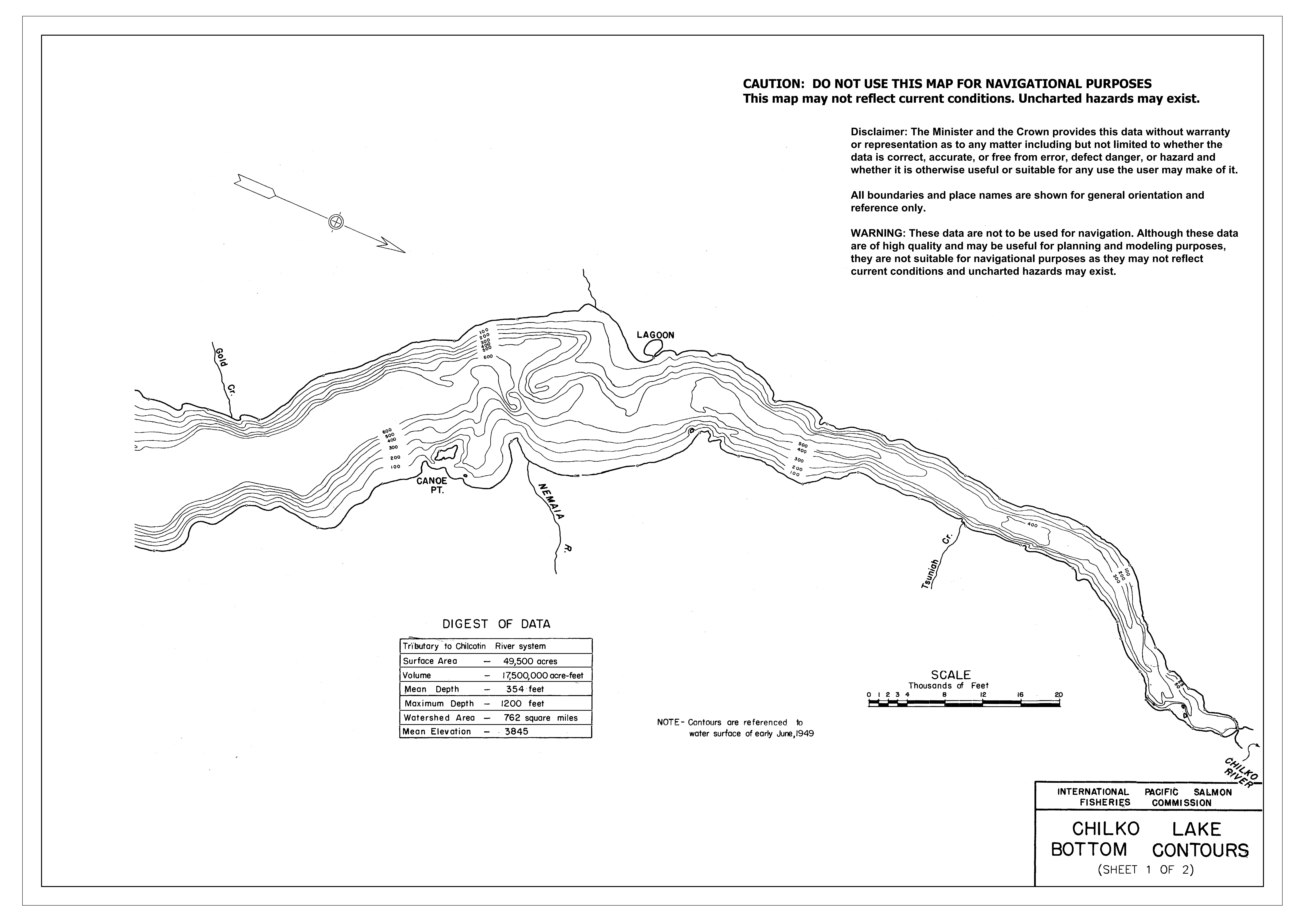 Chilko Lake depth and topographic map