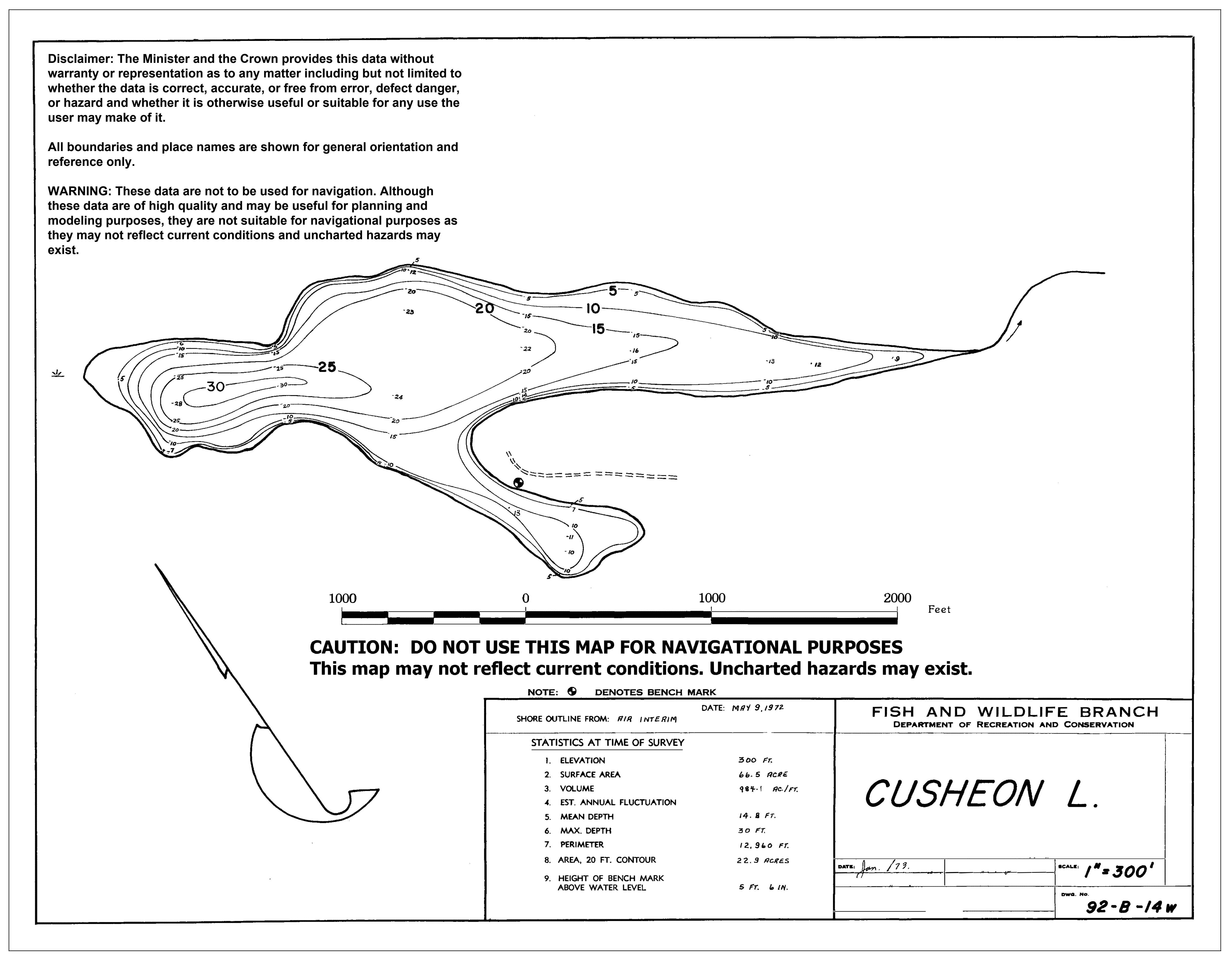 Cusheon Lake depth and topographic map