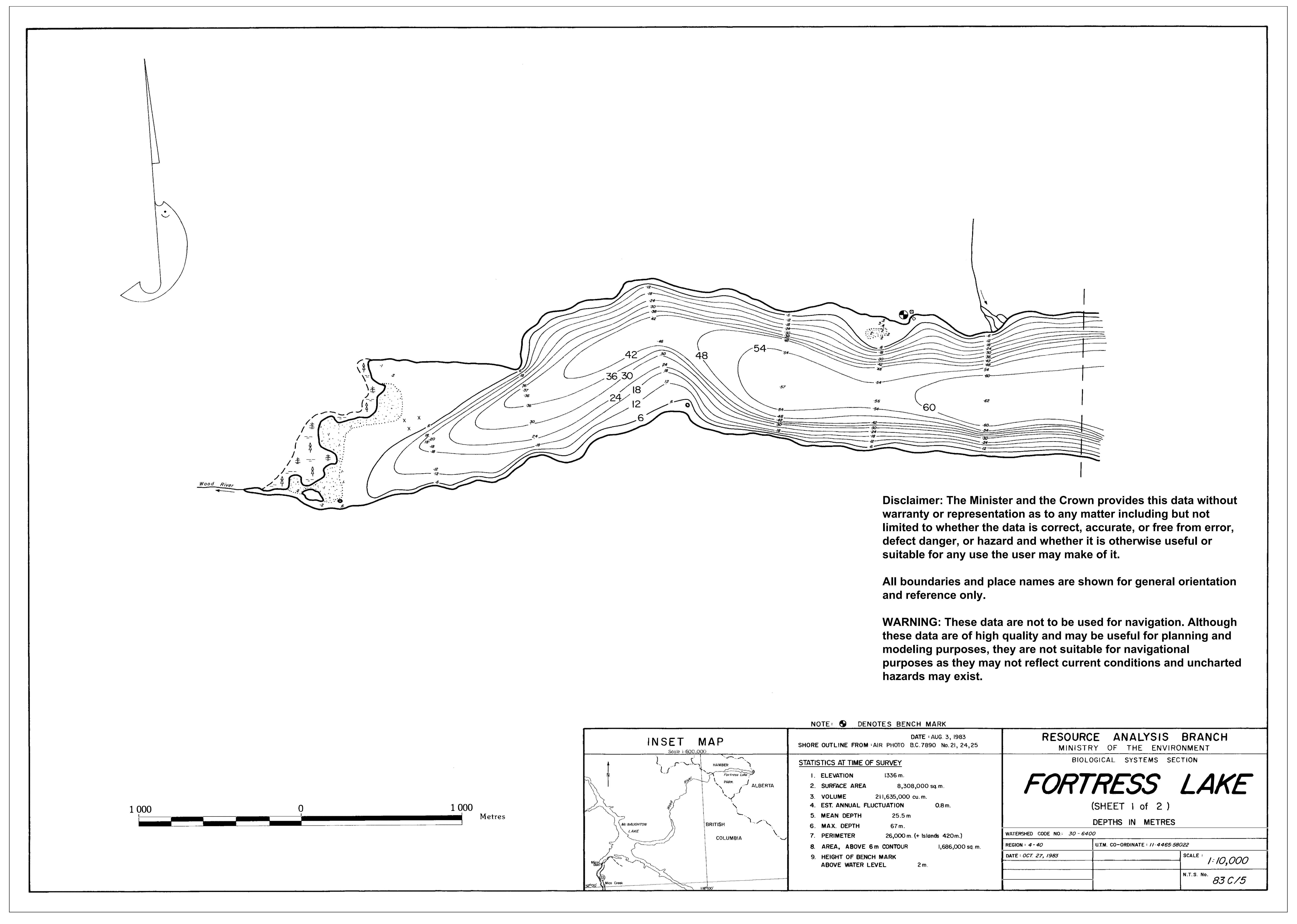 Fortress Lake depth and topographic map