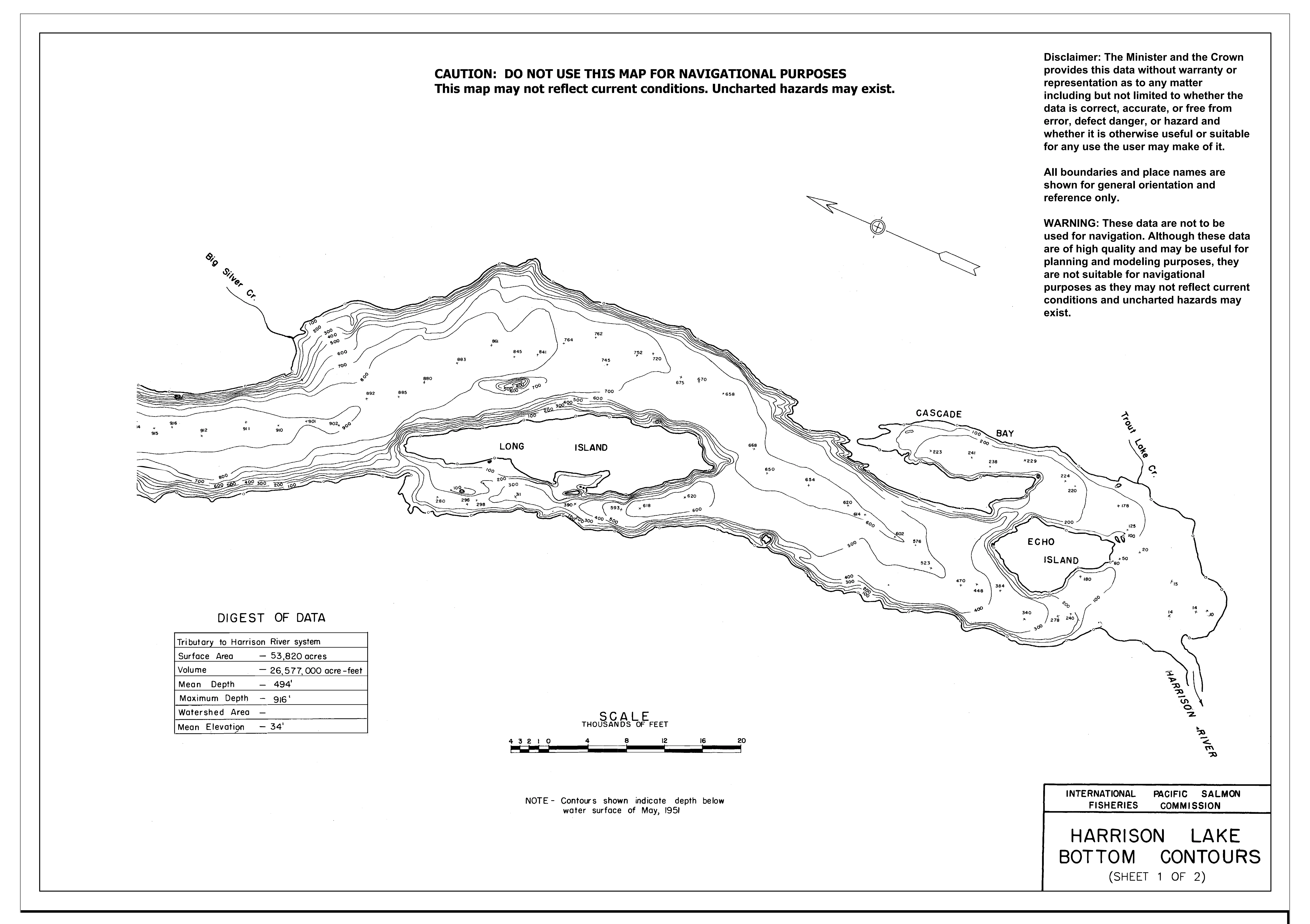 Harrison Lake depth and topographic map
