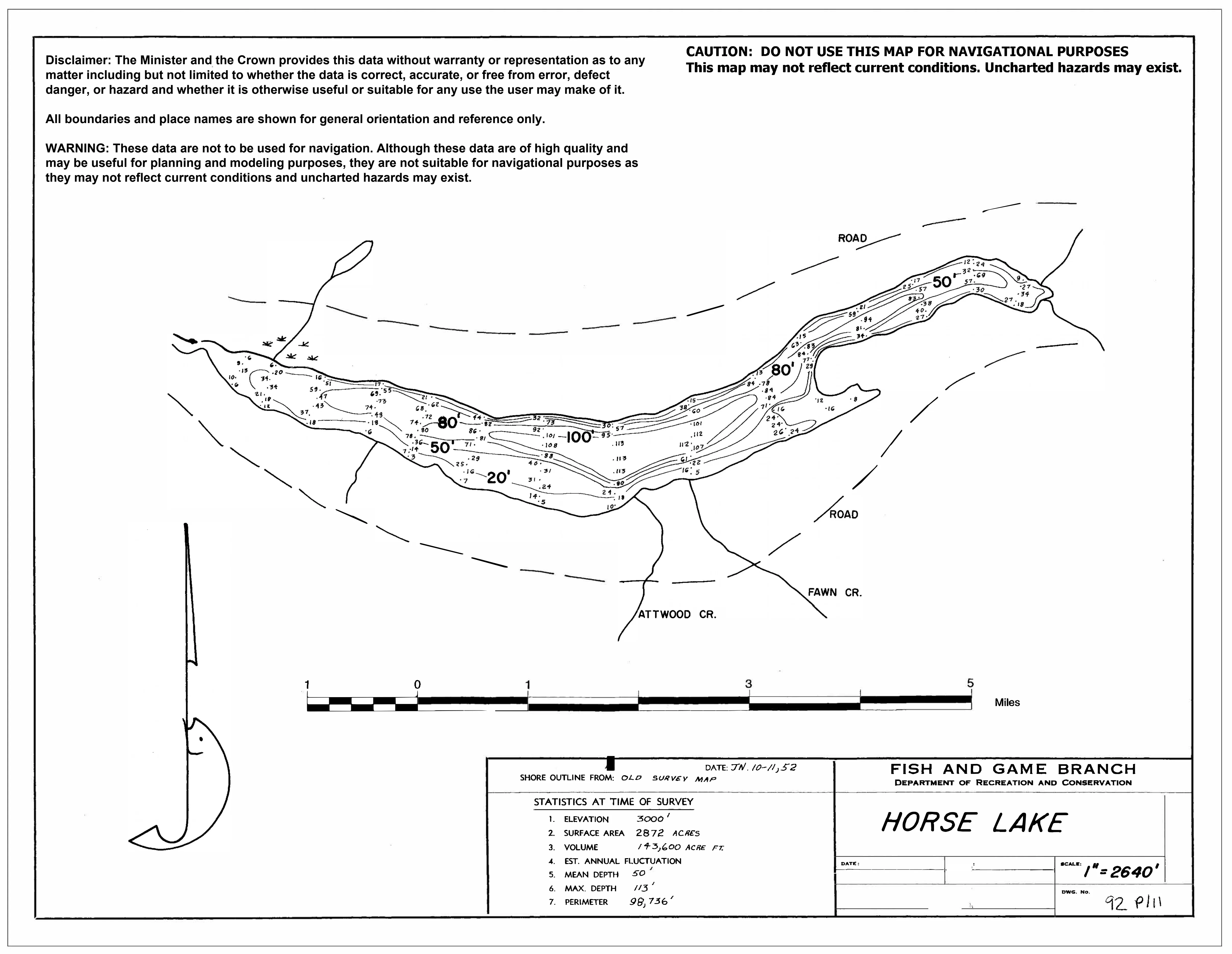 Horse Lake depth and topographic map