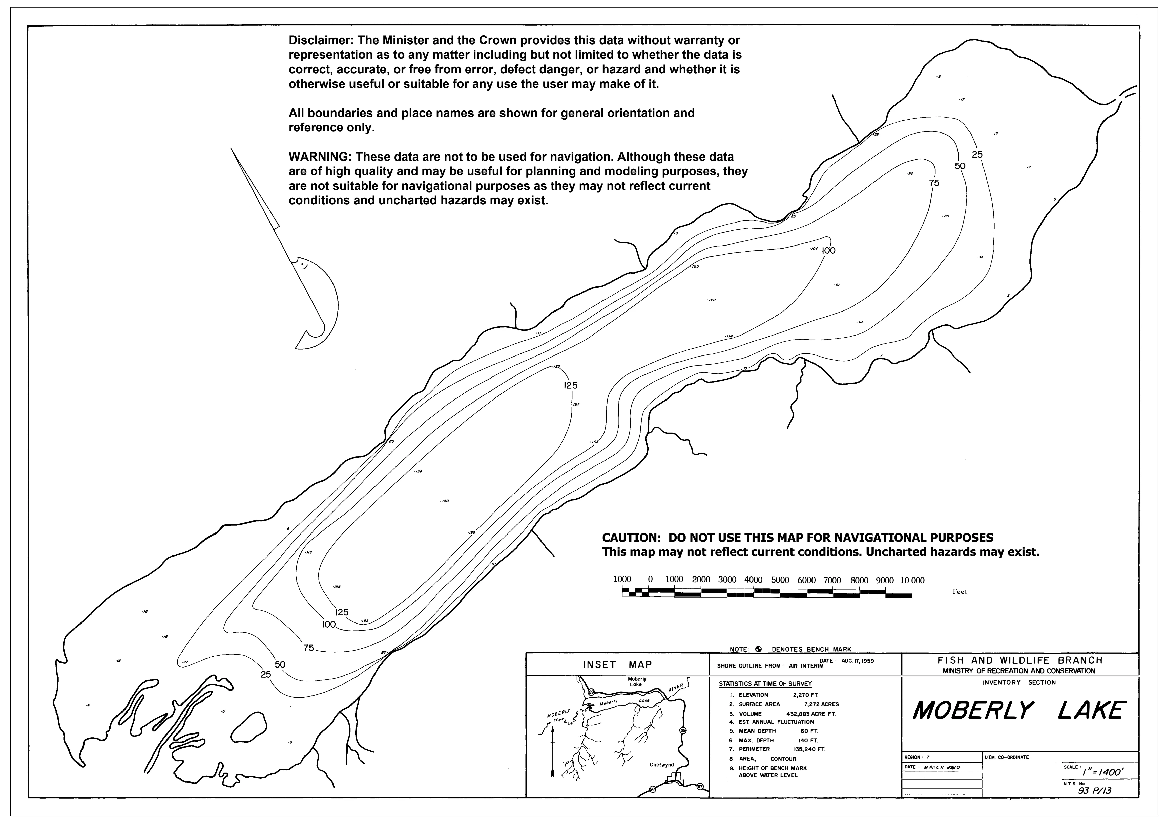 Moberly Lake depth and topographic map