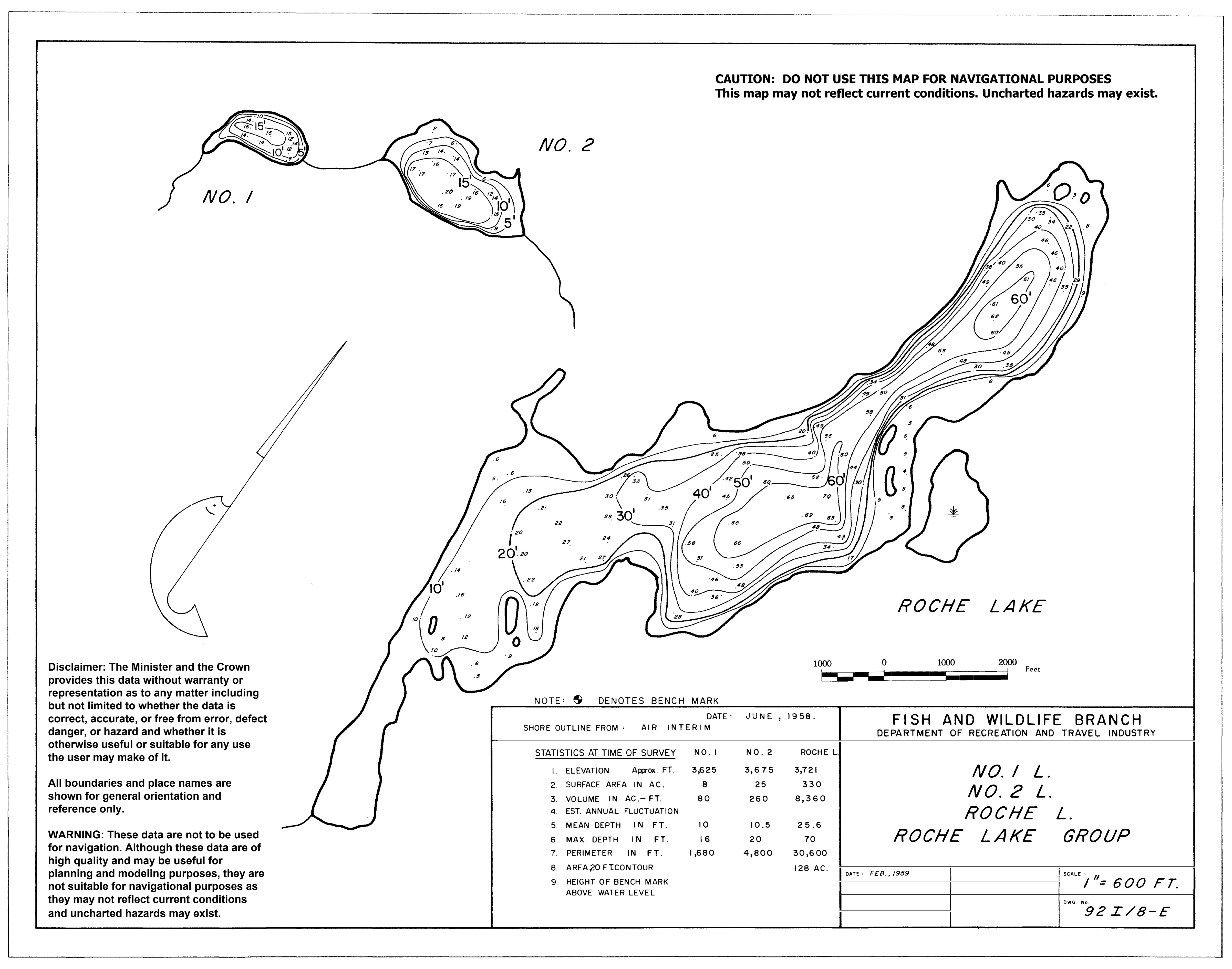 Roche Lake depth and topographic map
