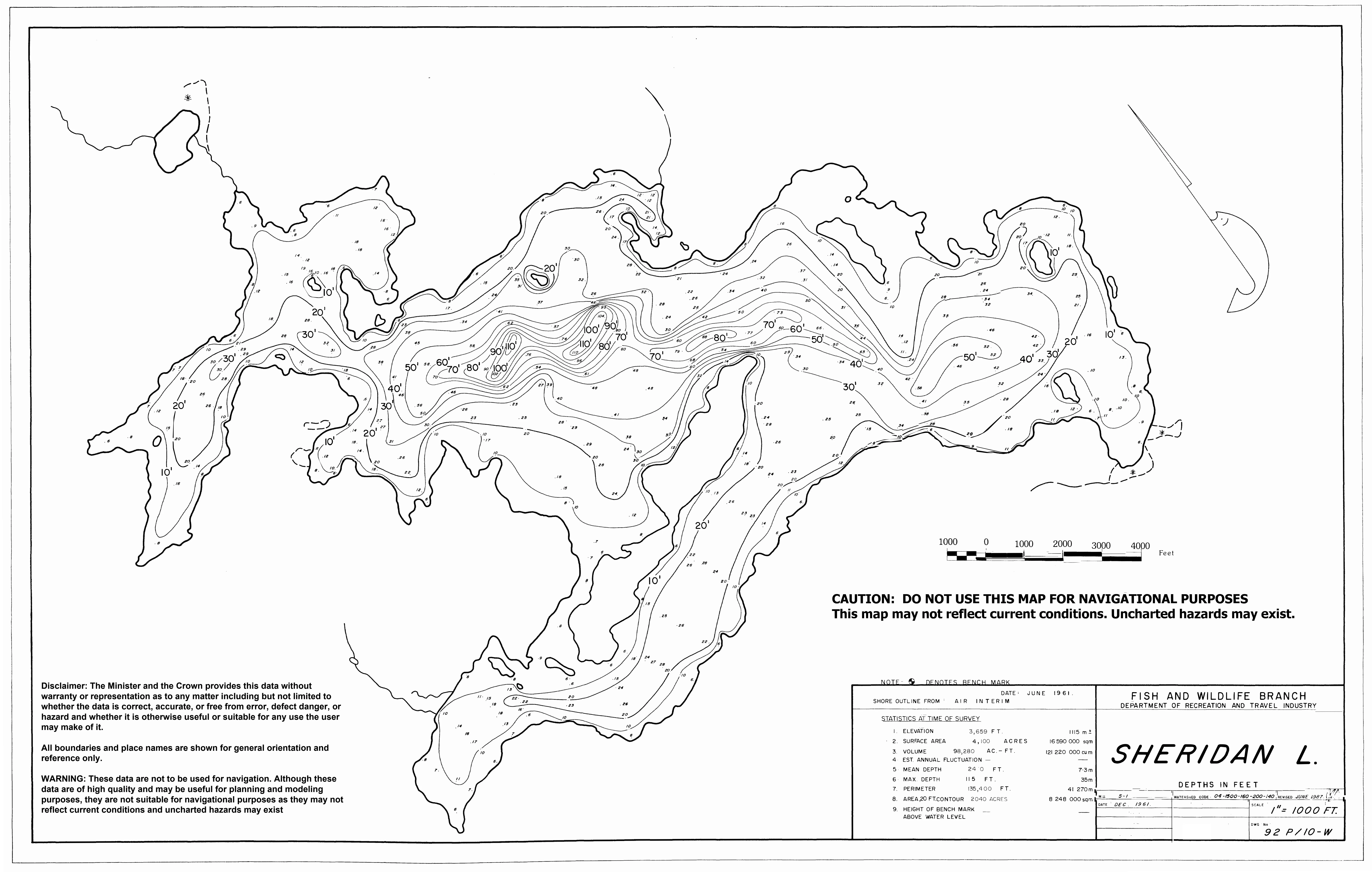 Sheridan Lake depth and topographic map