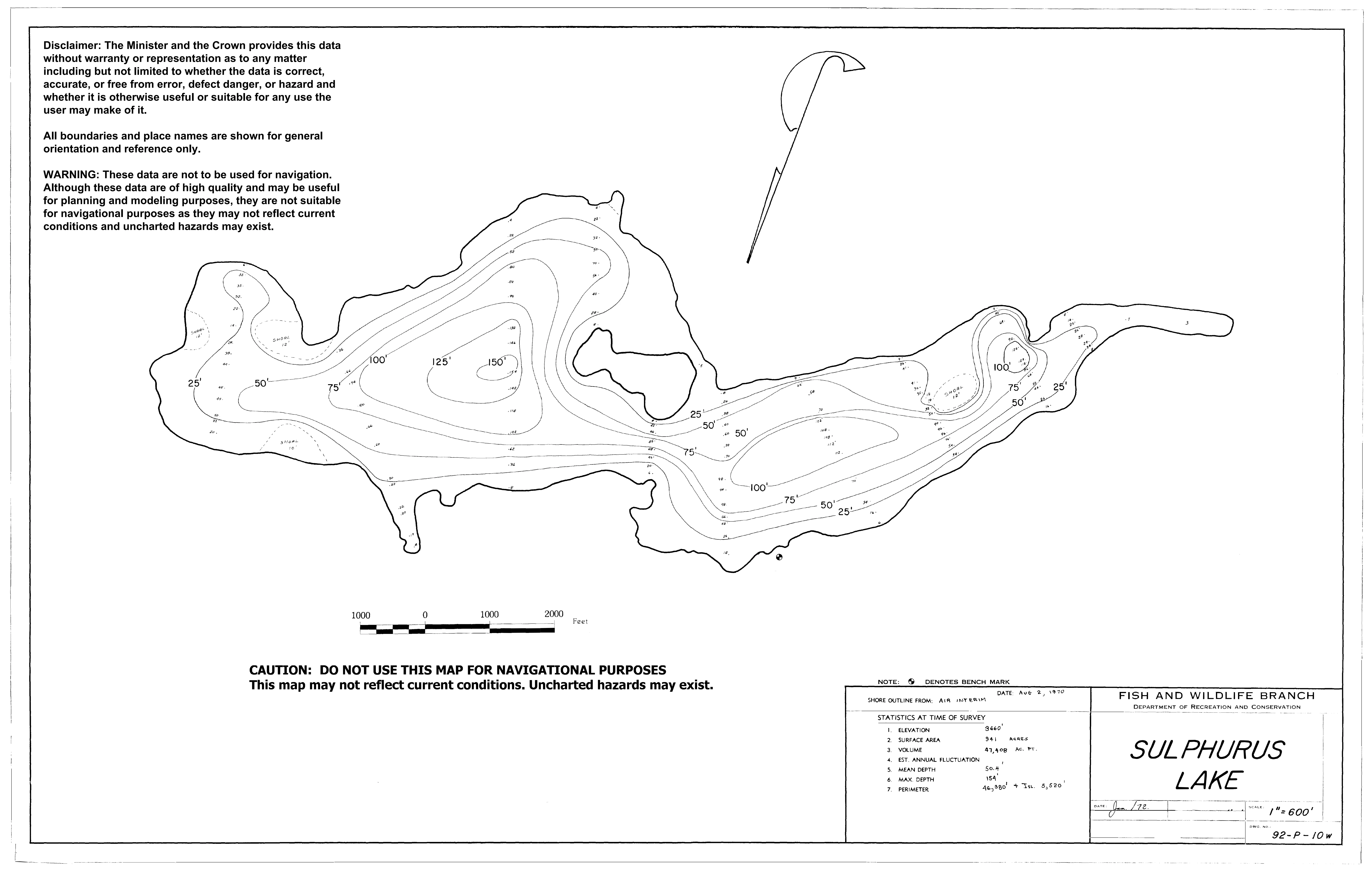 Sulphurous Lake depth and topographic map