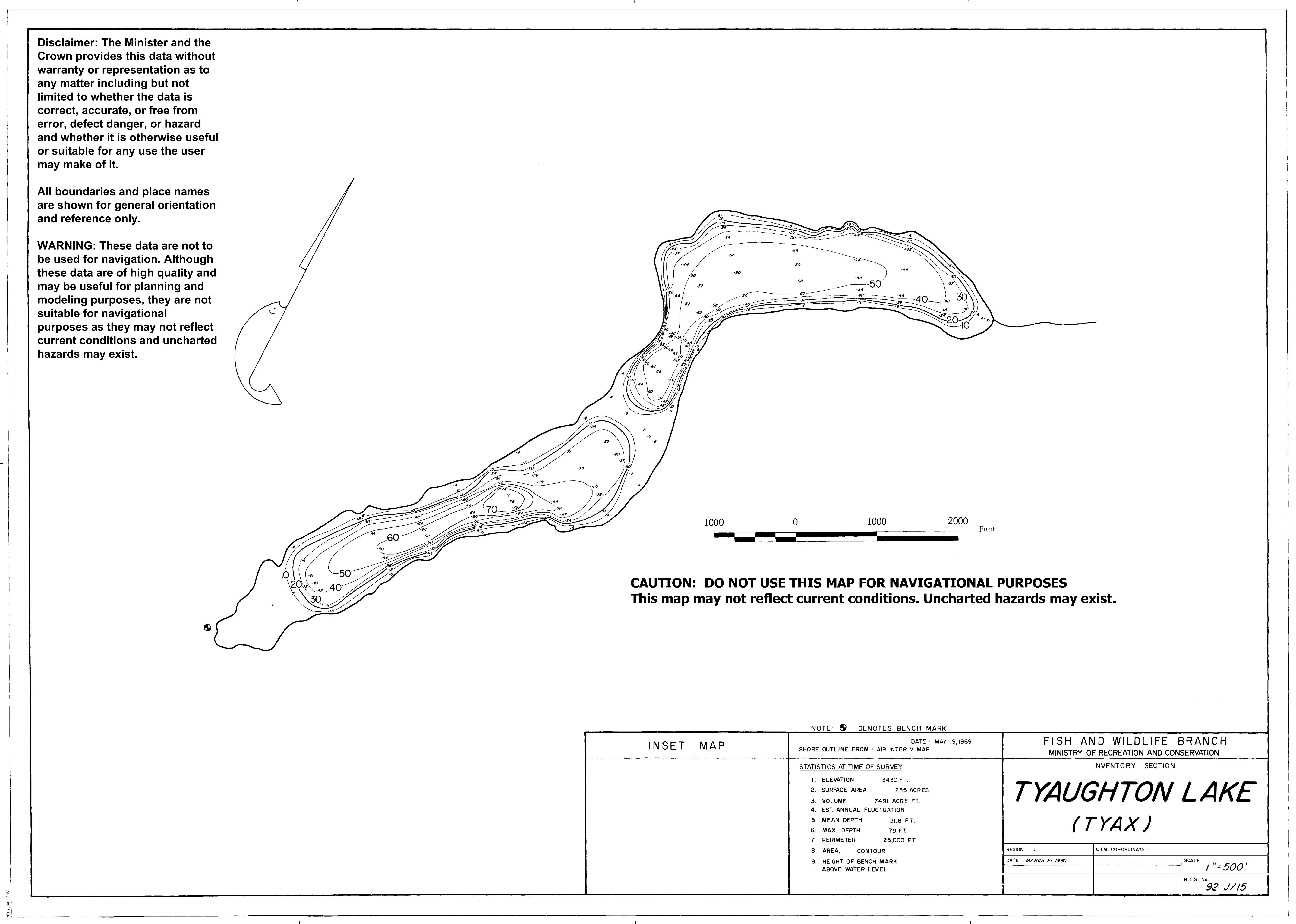 Tyaughton Lake depth and topographic map
